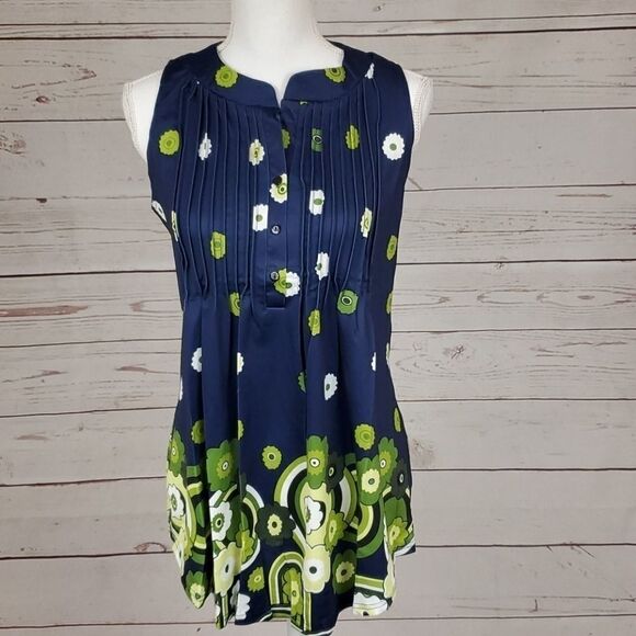 Navy Green Floral Print Flowy Tank Top, SMALL - Picture 3 of 10
